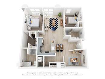 A 3D floor plan of a two bedroom and two bathroom apartment with a den