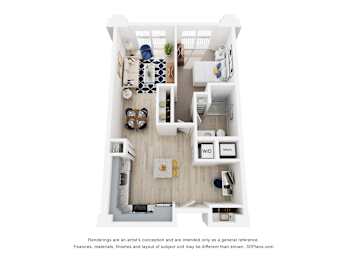 A 3D floor plan of a small one bedroom apartment with a kitchen, living room, den and bathroom.
