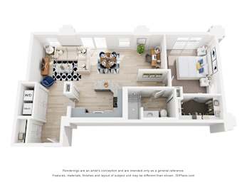 A 3D floor plan of a house with a kitchen, living room, dining room, and two bedrooms.