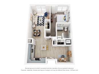 A 3D floor plan of a one bedroom  apartment with a kitchen, living room, den and bathroom.