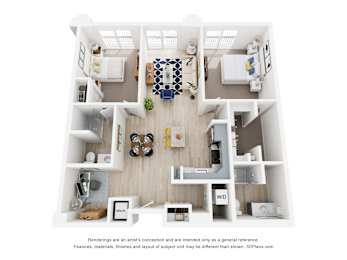 A floor plan of a small apartment with a kitchen, living room, and two bedrooms.