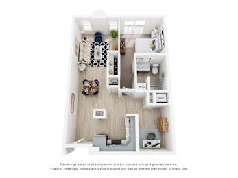 A 3D floor plan of a small one bedroom apartment with a kitchen, living room, den and bathroom.