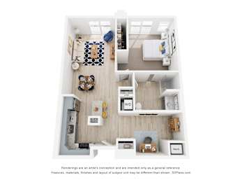 A floor plan of a 1 bedroom apartment with a kitchen, living room, den and bathroom.