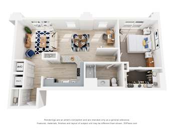 A 3D floor plan of a one bedroom apartment with a kitchen, living room, dining room, den, walk-in closet and bathroom.
