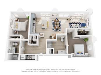A 3D floor plan of a two bedroom two bathroom apartment with a kitchen, living room, and two bedrooms.