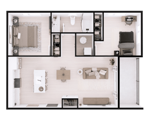 A top-down view of a well-organized apartment with a kitchen, living room, and bedroom.