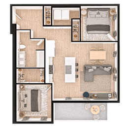 A top-down view of a small apartment layout with a kitchen, living room, and bathroom.