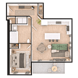 A top-down view of a house layout with a living room, kitchen, and bathroom.