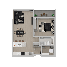 A floor plan of a small apartment with a kitchen, living room, and bathroom.
