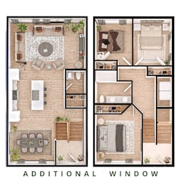 A floor plan of a house with a living room, dining room, kitchen, and bathrooms.