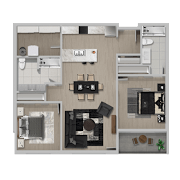 A top-down view of a modern apartment layout with a kitchen, living room, and bathroom.