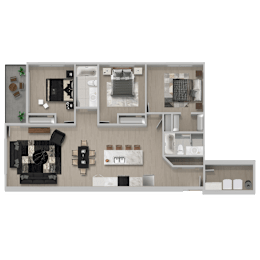 A floor plan of a house with a kitchen, living room, and two bedrooms.