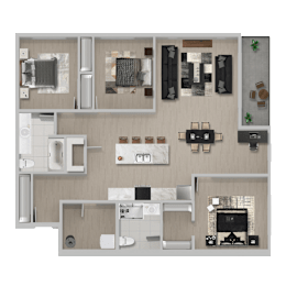 A floor plan of a house with a kitchen, living room, and bathrooms.