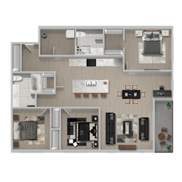 A top-down view of a modern apartment layout with a kitchen, living room, and bedrooms.