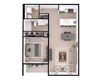 A top down view of a living room, kitchen, and dining area.