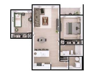 A top down view of a small apartment with a kitchen, living room, and bathroom.
