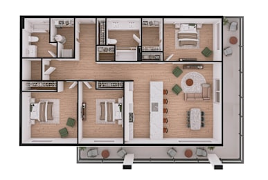 A floor plan of a house with a living room, dining room, kitchen, and two bedrooms.