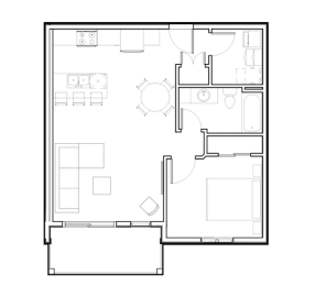 a floor plan of a small apartment with a bedroom and a living room