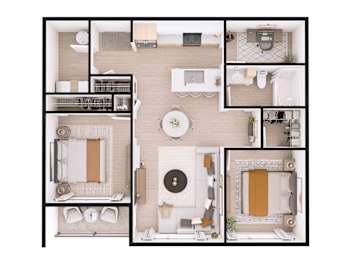 A floor plan of a house with a kitchen, living room, dining room, and bathroom.