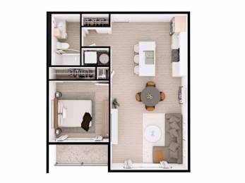 A top-down view of a modern, minimalist apartment layout.