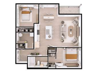 A top-down view of a small apartment layout with a kitchen, living room, and bathroom.