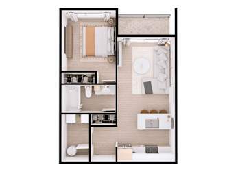 A top-down view of a small apartment with a kitchen, living room, and bathroom.