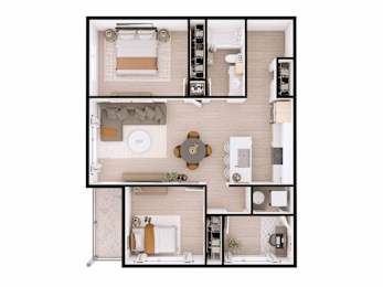 A top-down view of a small apartment layout with a kitchen, living room, and bedroom.