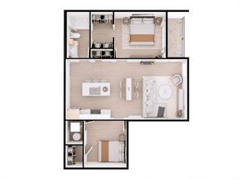 A floor plan of a small apartment with a kitchen, living room, and two bedrooms.