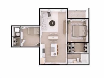 A top-down view of a well-organized apartment with a kitchen, living room, and bathroom.