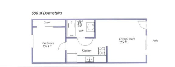 Edgewood Apartments - Downstairs Unit Floor Plan  at Edgewood Apartments, Rohnert Park, CA