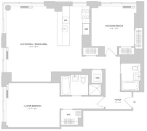 A floor plan of a house with a living room, dining area, two bedrooms, a bathroom, and a foyer.