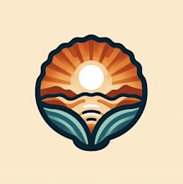 A scallop shell with a sun and waves design.