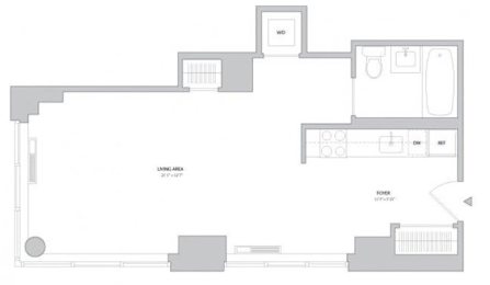 A floor plan of a house with a living area, kitchen, and two bedrooms.