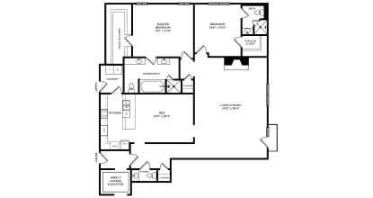 Floor Plan  A floor plan of a house with a kitchen, living room, and two bedrooms.