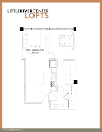 Floor Plan  A floor plan of a loft apartment with one bedroom and 760 square feet.