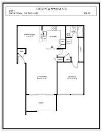 A black and white image of a floor plan for a one bedroom apartment.