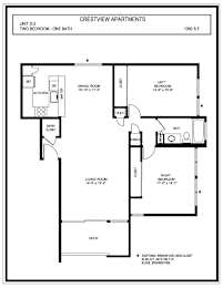 A floor plan for apartment unit D-2 with two bedrooms and one bath.