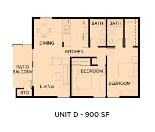  Floor Plan Unit D - Two Bedrooms, Two Bathrooms