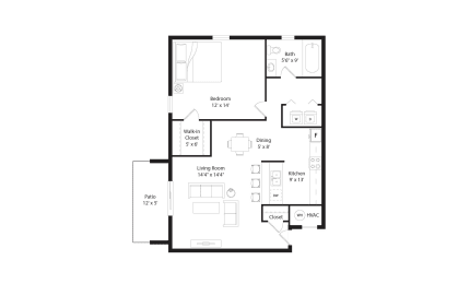 a floor plan of a residence with a bedroom and a living room