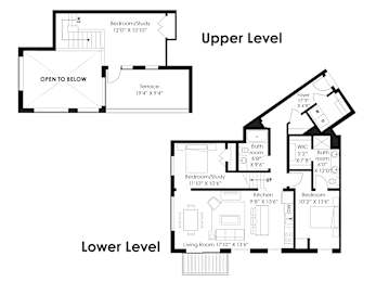 A floor plan of a two-story house with a living room, two bedrooms, a bathroom, and a study.
