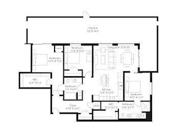 A floor plan of a house with a terrace and various rooms with their dimensions.
