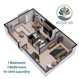 A diagram of a one bedroom apartment with a laundry facility.