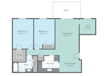 illustration of a 2 bedroom floor plan