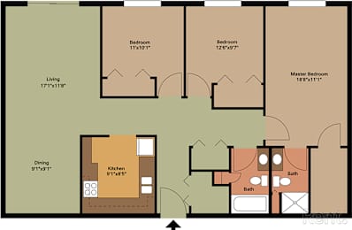A floor plan of a house with a living room, dining room, kitchen, two bathrooms, and three bedrooms.