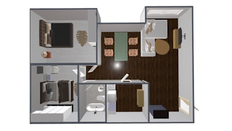 A 3D rendered image of a small apartment layout.
