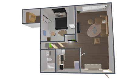A 3D rendered image of a room layout with a kitchen, living room, and bathroom.