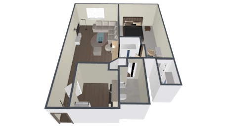 A 3D floor plan of a house with a kitchen, living room, and two bedrooms.