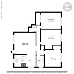 3 Bed 2 Bath Floor Plan at Colonial Garden Apartments, San Mateo, CA