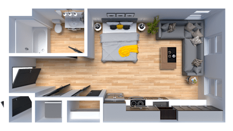 A modern kitchen with a wooden floor and white walls.
