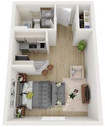 A top down view of a small apartment with a bedroom, living room and kitchen.